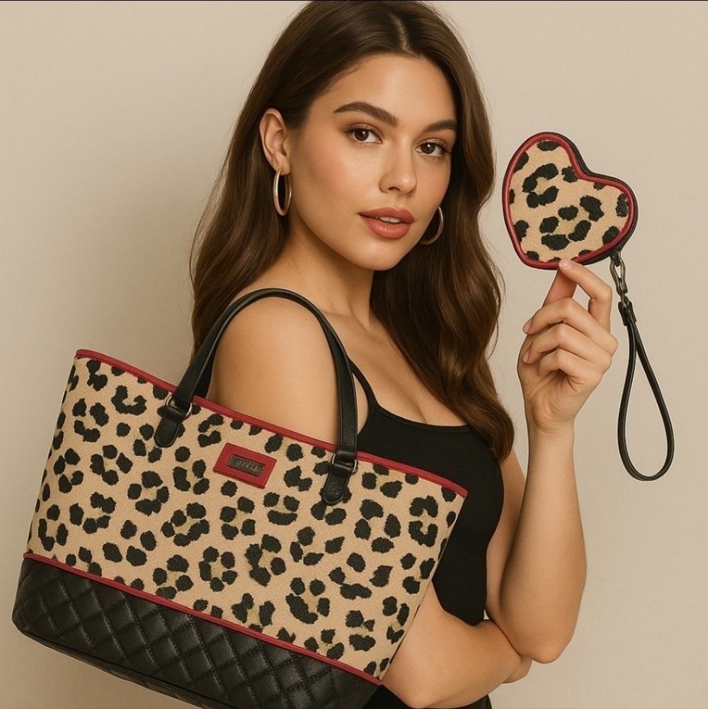 Betsey Johnson Y2K Leopard Tote & Heart Wristlet Glam Animal Print Shoulder Bag